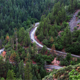 Серпантинная дорога с деревьями на скалах